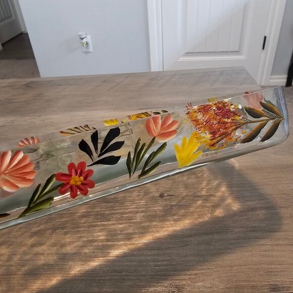 Vintage Hand Painted Glass Tray Floral Rectangle  Retro Cottage Trinket Holder - Picture 7 of 15